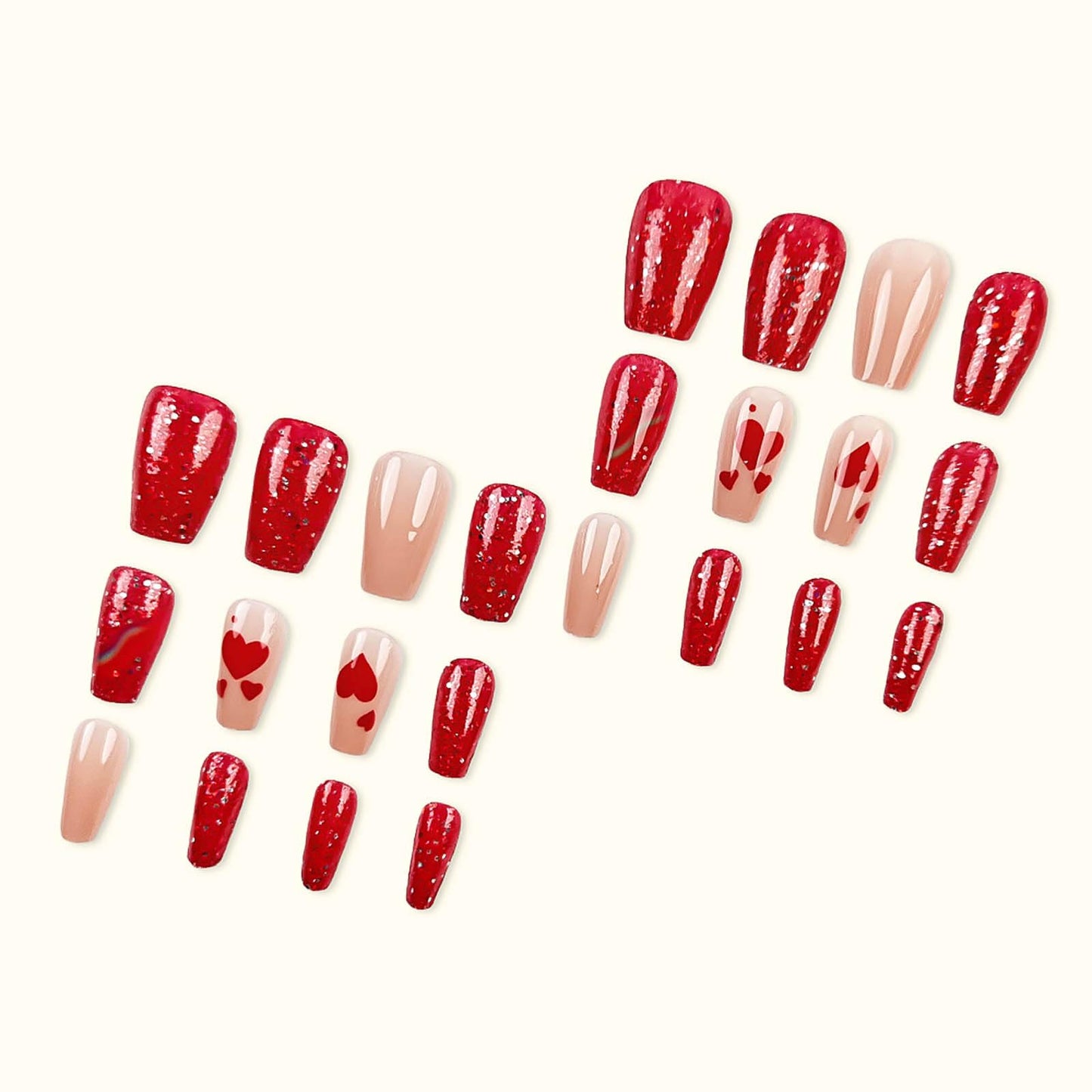 RUOKEXIN Medium Press on Nails Coffin Fake Nails Red Glitter False Nails with Heart Designs Rainbow Ombre Glue on Nails Sparkly Artificial Nails Cute Stick on Nails for Women 24Pcs