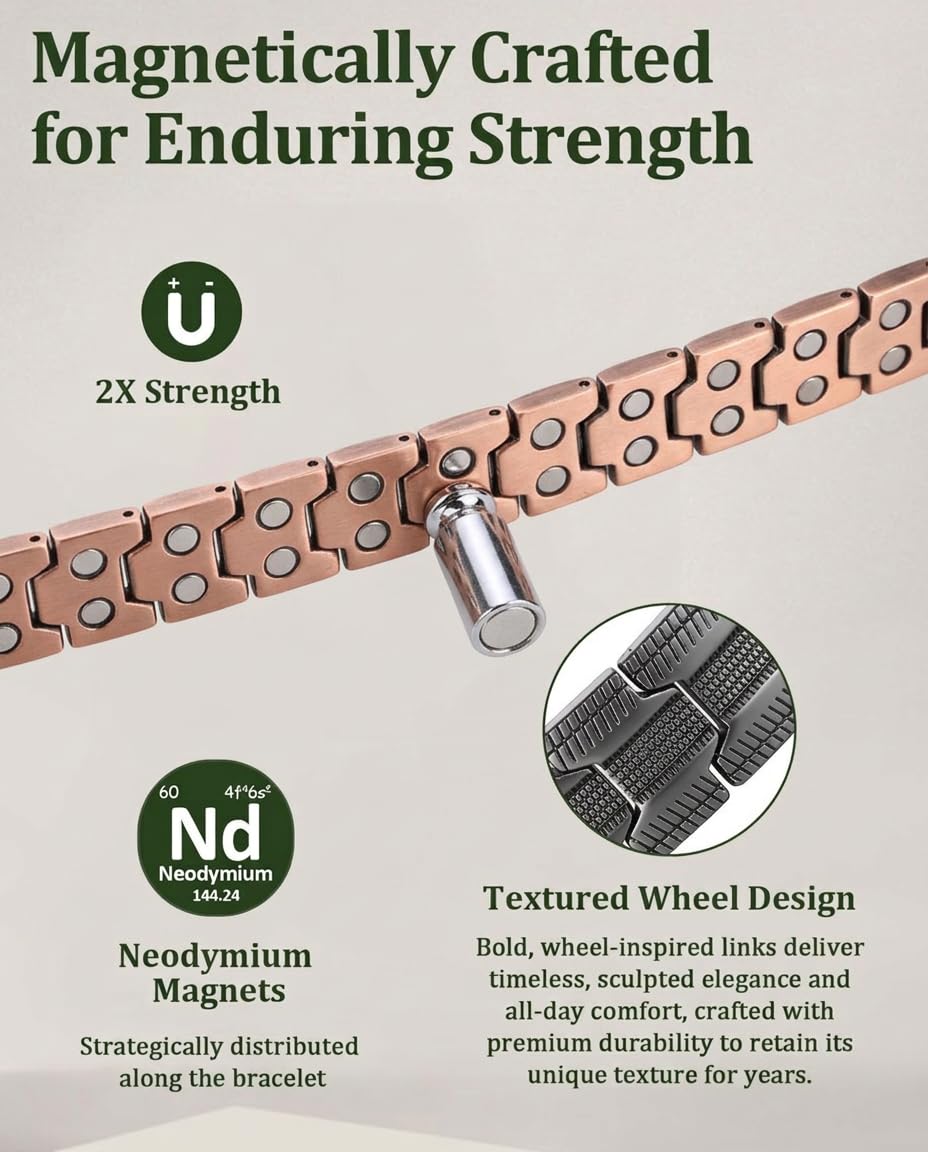 Fashtour Copper Bracelet for Men, 2X Strength 99.99% Pure Copper Magnetic Bracelet with Magnets, Butterfly Clasp Design, Adjustable Length with Sizing Tool (Black)