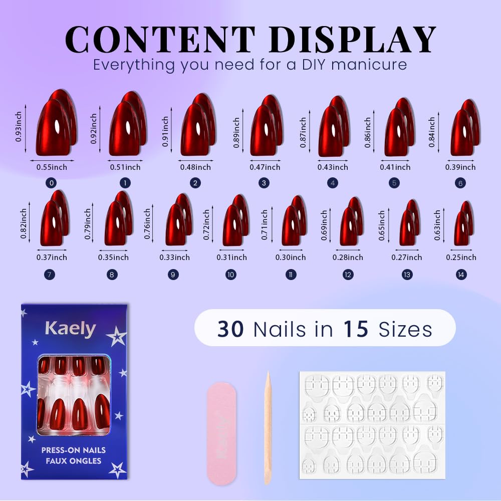 evpct True Red Cat Eye Chrome Press on Nails Almond Medium No Glue, Red Holographic Medium Almond Stick on Fake Nails for Women Gift, Glossy Cat Eye Effect, Perfectly Fit Salon-quality Soft False Nail