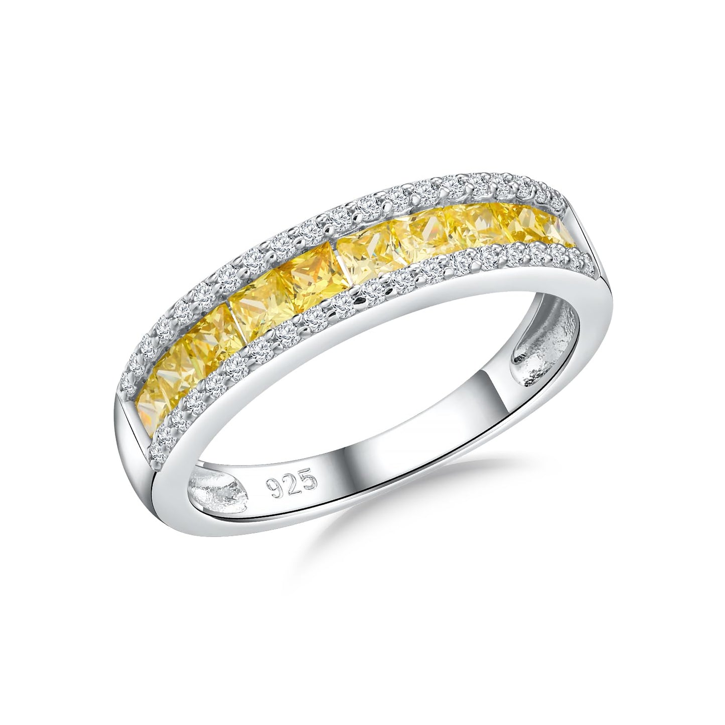 RANDES Citrine Ring 925 Sterling Silver Channel Set Princess Cut Anniversary Band Yellow Rings for Women November Birthstone Ring Size 7