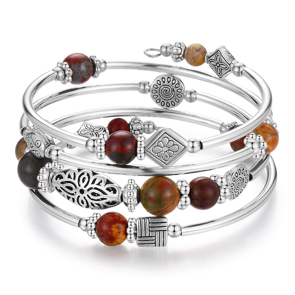 BULINLIN Layered Wrap Bangle Turquoise Bracelet - Bead Bracelet with Natural Agate Stone, Gifts For Women (06-Picasso)