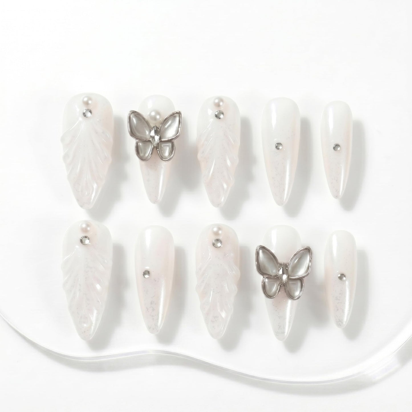 Sun&Beam Nails Handmade Press On Nails Long Stiletto Silver Glitter Butterfly Pearl Shimmer 10 Pieces for Everyday Wear and Special Occasions (#020 XS)