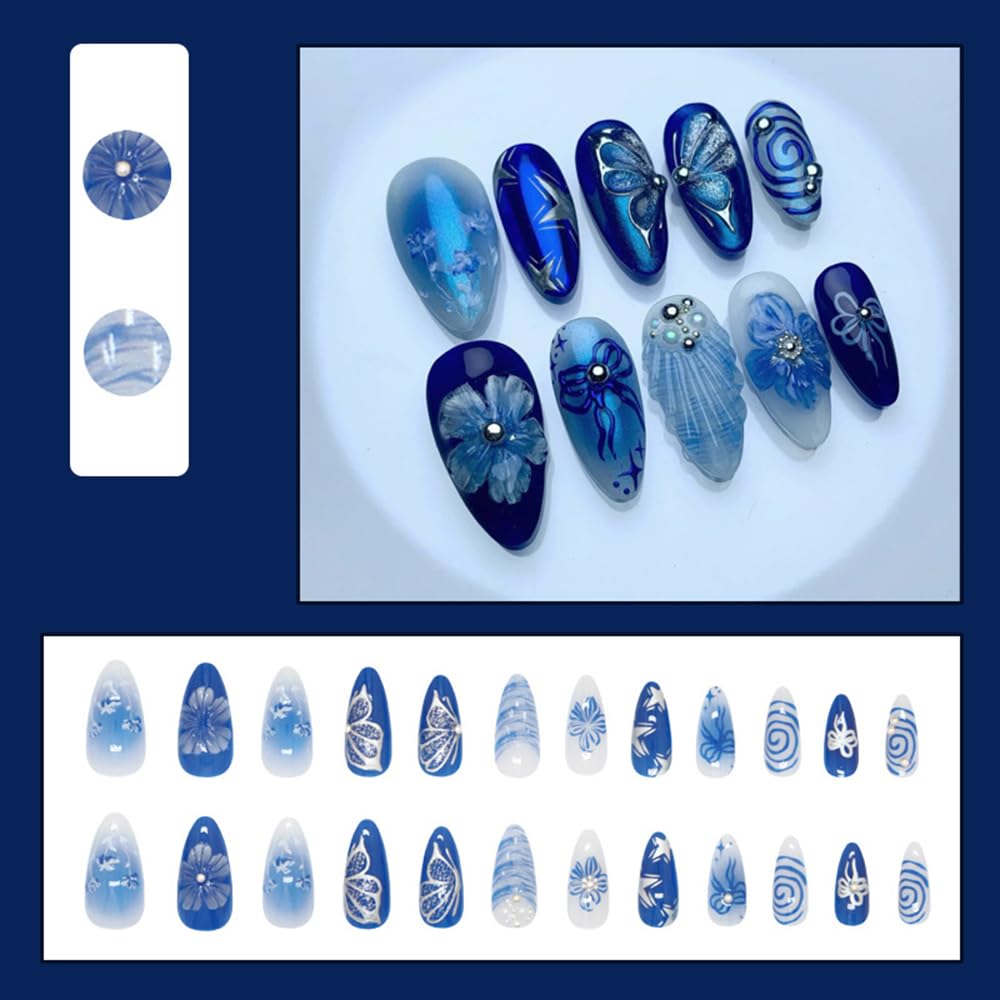 24 Pcs Summer Press on Nails Short Almond,MINGCHUN Blue Chrome Fake Nails Press ons Acrylic Nail Art Tips Kit Full Cover False Nails Glue on Nails with 3D Shell Flowers Design for Women Nail Supplies