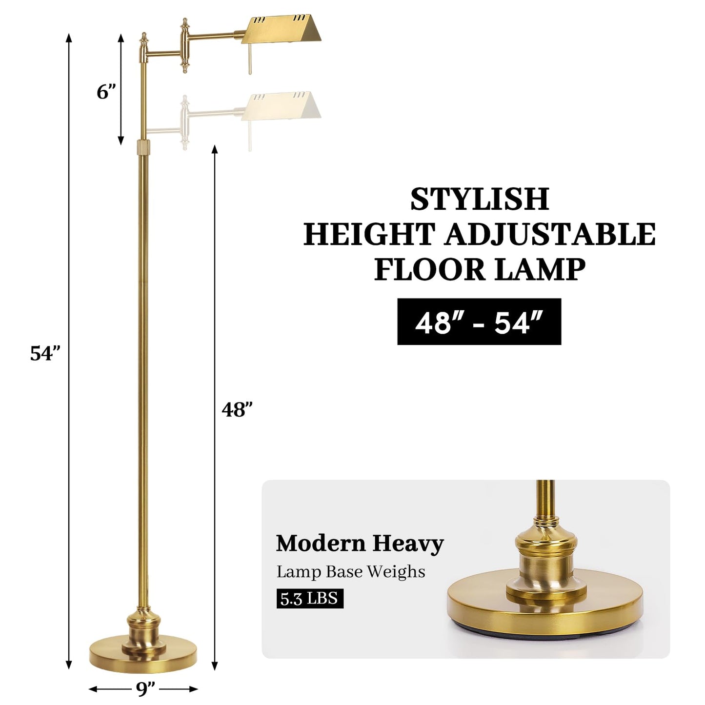 Dimmable Pharmacy Floor Lamp with Remote, 17W Gold LED Reading Floor Lamp with 360°Swing Arm, 3 Color Temperature, Height Adjustable Standing Task Lamp for Living Room, Bedroom, Office, Antique Brass