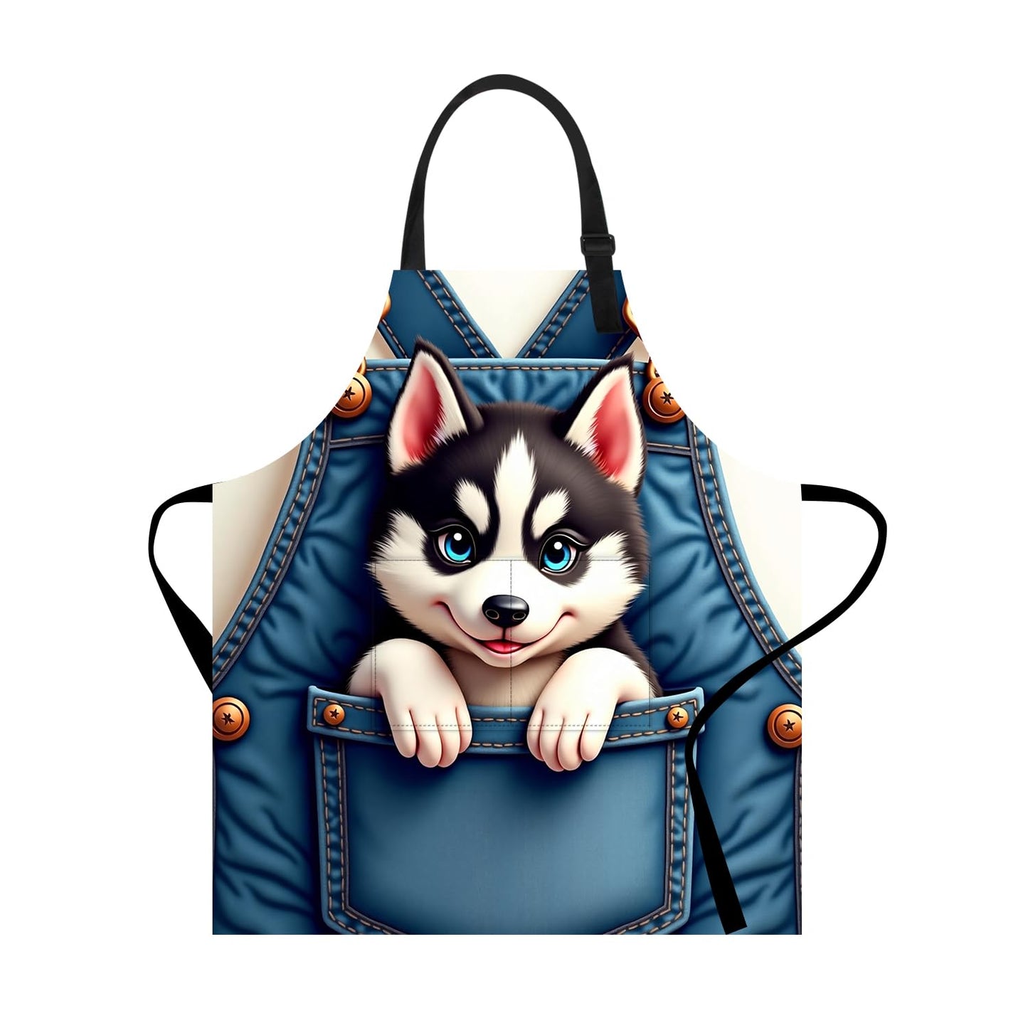THISFIND Cute Husky Dog in Pocket Apron – Waterproof Adjustable Bib Apron with Funny Cartoon Puppy Print – Durable Kitchen Apron for Cooking Gardening and Crafts