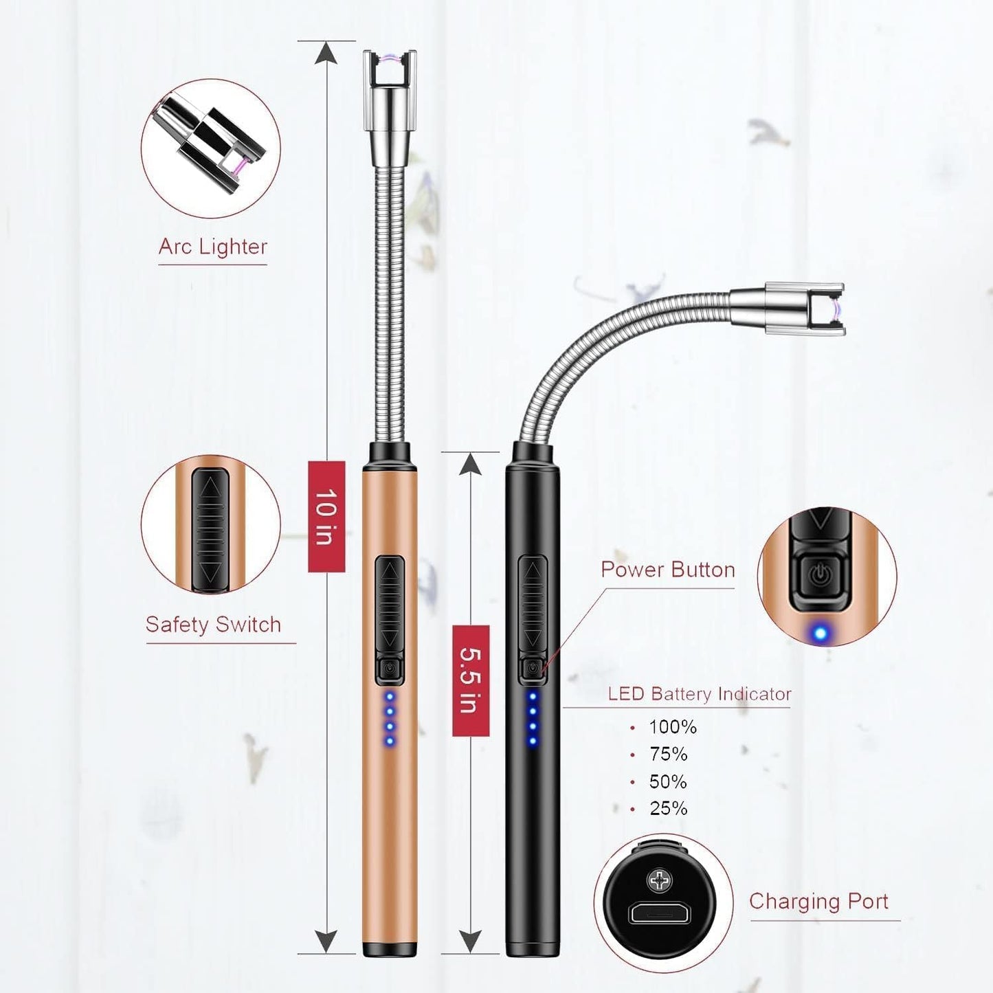 Candle Lighter 2 Pack USB Rechargeable Safety Arc Windproof Long Lighter for Candle Aromatherapy Camping Grill Family Home Use(Black&Rose Gold)