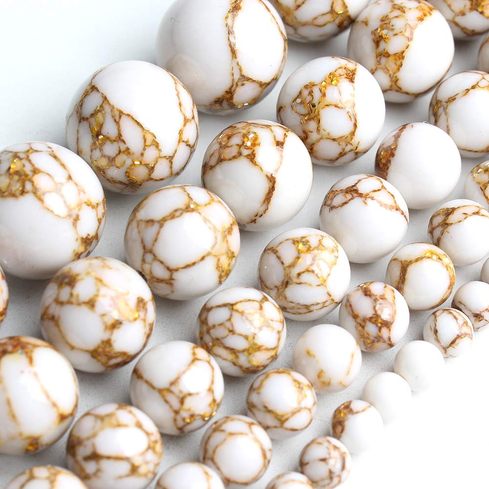 Song Xi 6mm White Howlite Spun Gold Beads Smooth Loose Jewelry Beads for Bracelets and Necklaces Making