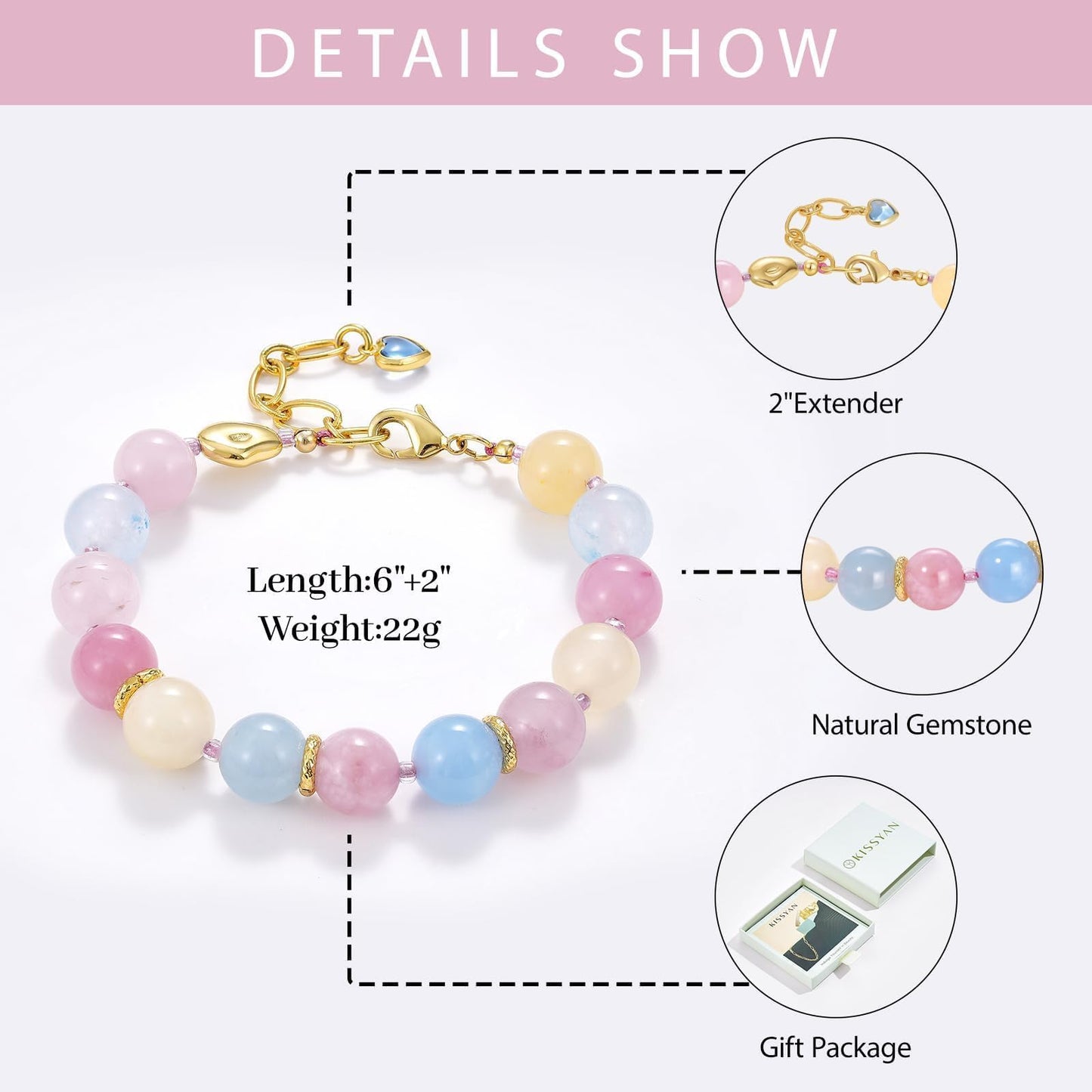 KissYan Beaded Bracelets for Women, Colorful Natural Stone Boho Bead Bracelet for Beach, Handmade Gemstone Summer Jewelry Gifts (Morganite)