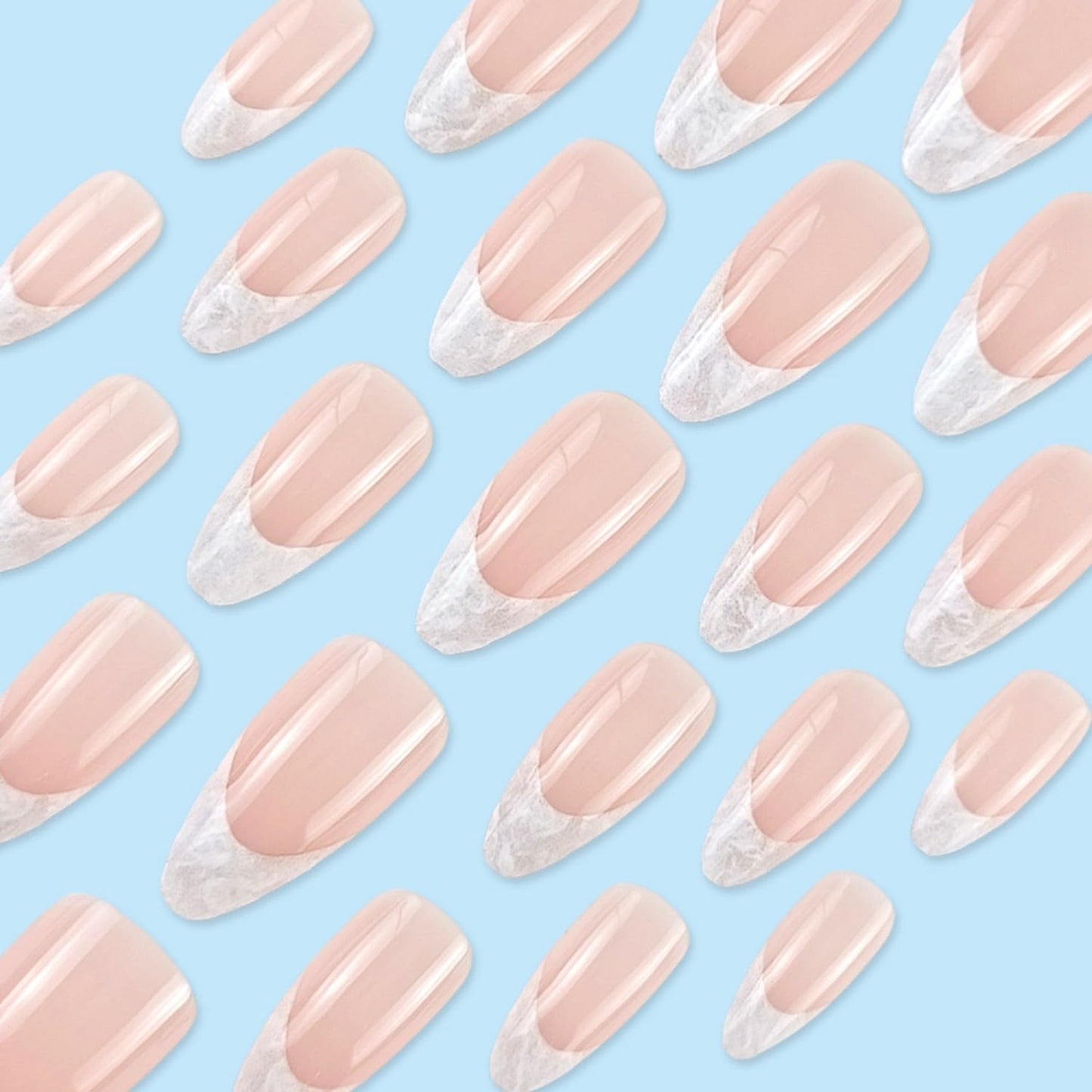 French Tip Press On Nails Medium Almond Fake Nails Nude False Nails With Marbling Design Full Cover Acrylic Glue On Nail Artificial Reusable Stick On Nail For Women DIY Manicure Decorations 24 Pcs