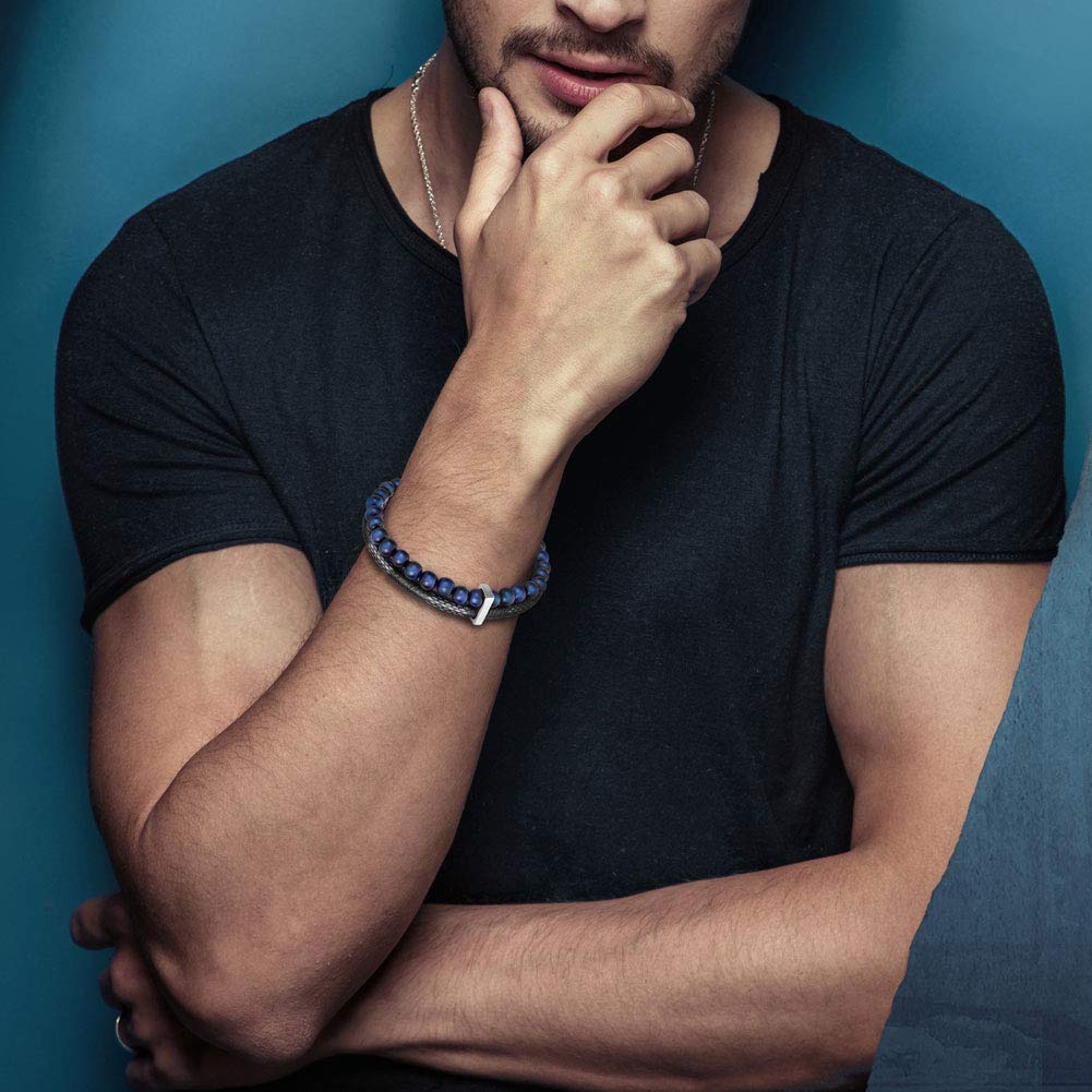 murtoo Mens Bead Leather Bracelet, Blue and Brown Bead and Leather Bracelet for Men (Blue-silver)