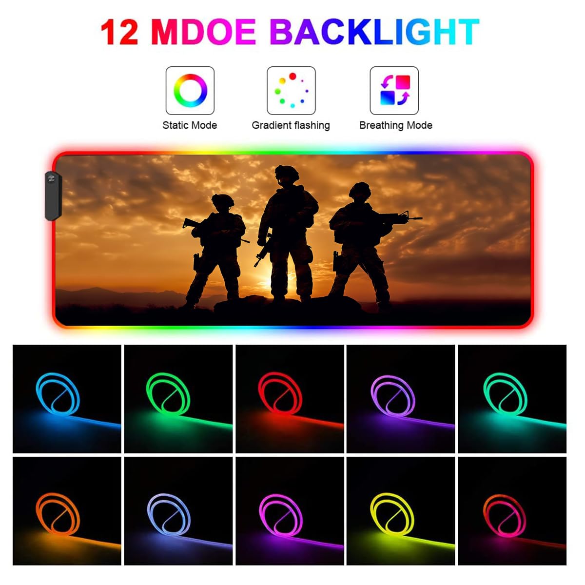 ZOXOHO RGB Gaming Mouse Pad with Coffee Coaster, Large Glowing LED Mouse Pad, Anti-Slip Rubber Base Computer Keyboard Desk Mouse Mat 31.5 X 11.8 Inch, American Army Troops Military