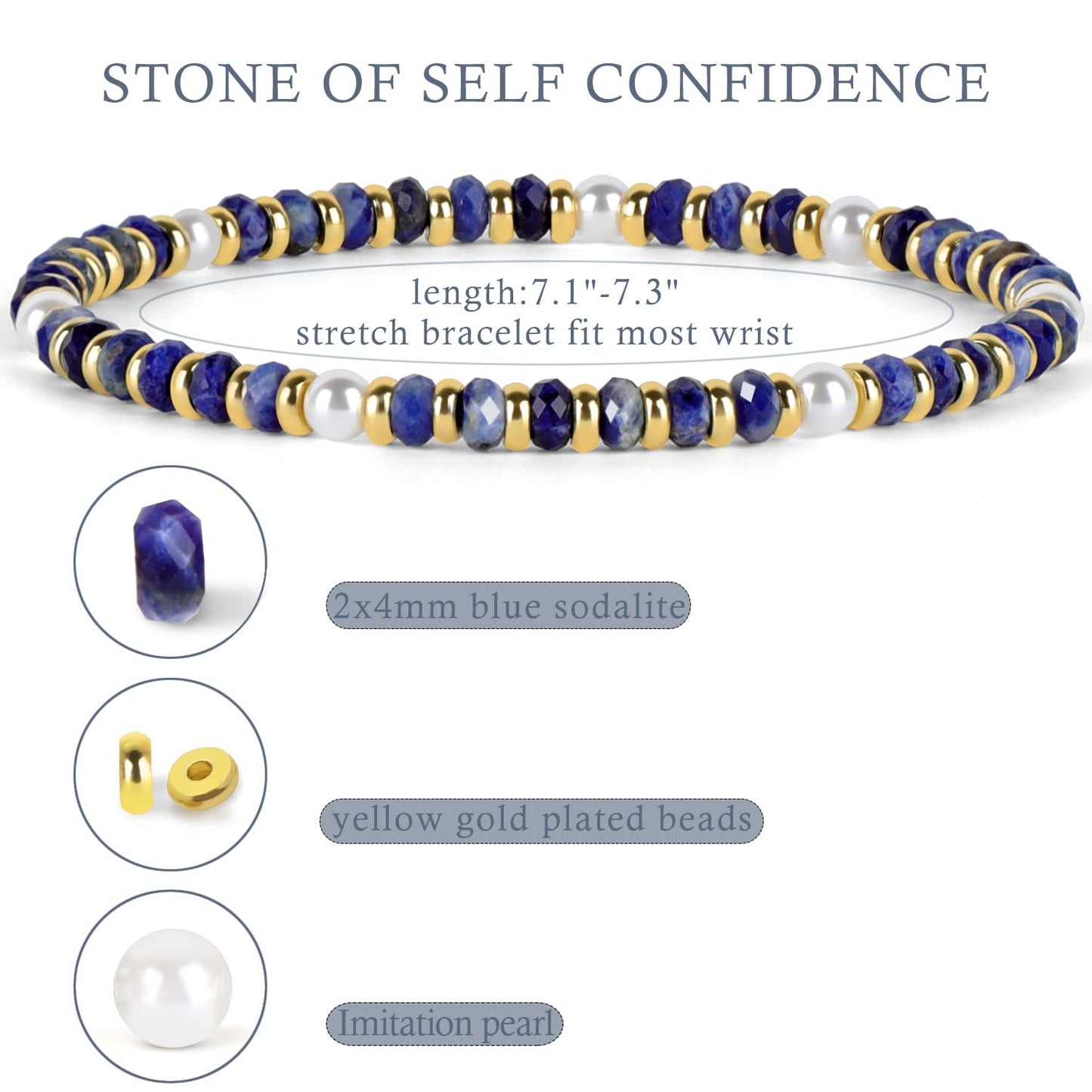 QOGIR Blue Sodalite - Self Confidence - 14K Gold Plated Beads Natural Gemstone Stretch Elastic Dainty Healing Beaded Bracelets Gifts 2x4mm