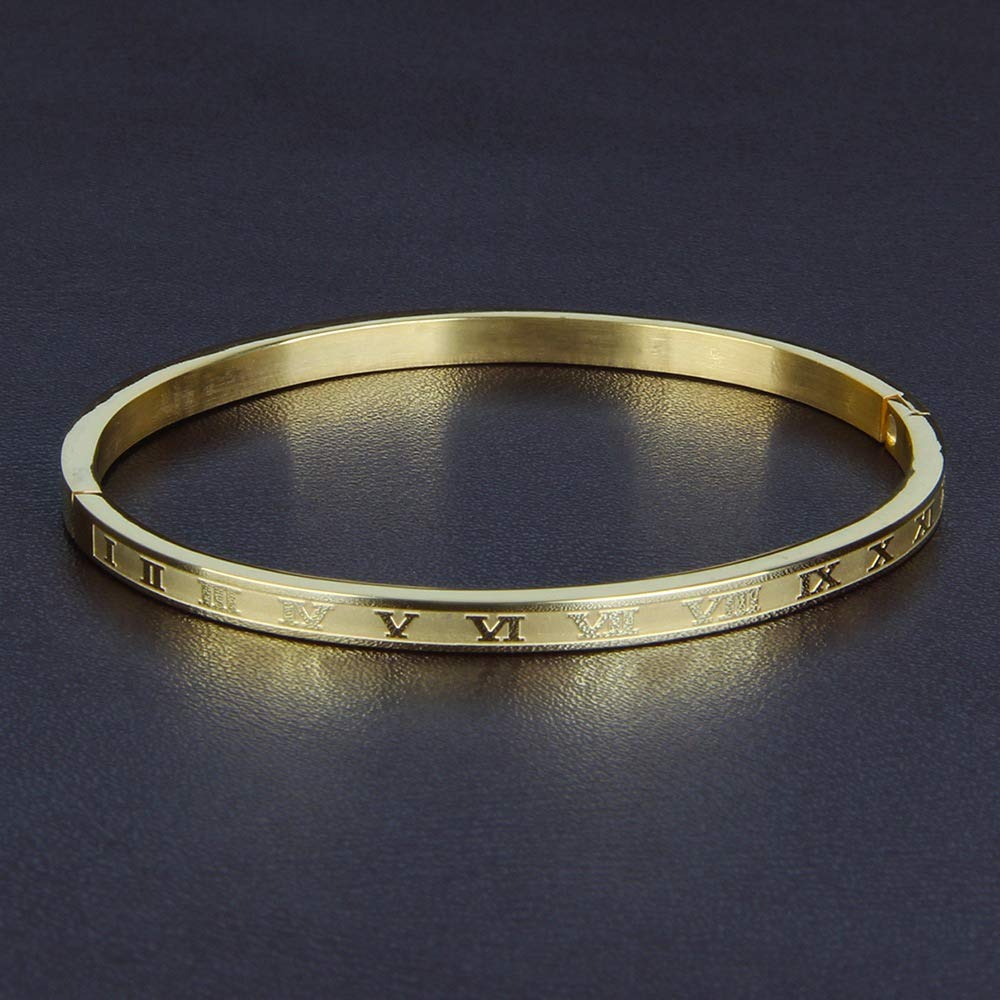 Jarlinwel Gold Silver Plated Bracelets for Men Women Roman Numeral Bangle Bracelet Stainless Steel Personalized Engraved Unisex Gift (Gold 4mm Womens)
