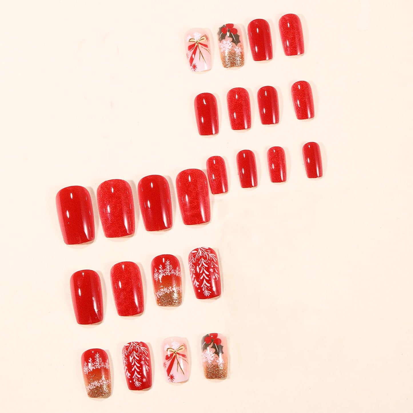 24Pcs Christmas Holly Press on Nails Red Coffin Fake Nails Gold Glitter Tip Medium False Nails with Bow Snowflake Full Cover Glue on Nails Xmas Winter Acrylic Nail for Women Holiday Manicure Kit