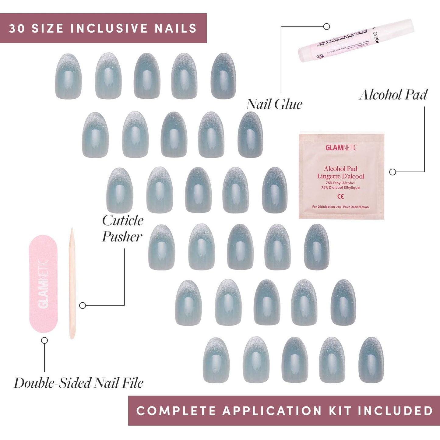 Glamnetic Press-On Nails Bundle - Unicorn Tears, Fairy Dust & Boba | Oval, Misty-Grey Nails with a Metallic Finish | Oval Beige-Pink False Nails with a Metallic Finish | Opaque Black Short