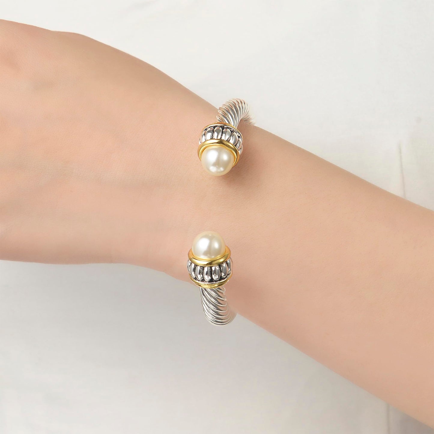 UNY JEWEL Jewelry Make a Statement Two Tone Twisted Cable Wire Caviar Imitation Pearl Cuff Bangle Makes a Stylish Christmas Gift (Two Tone Cream)