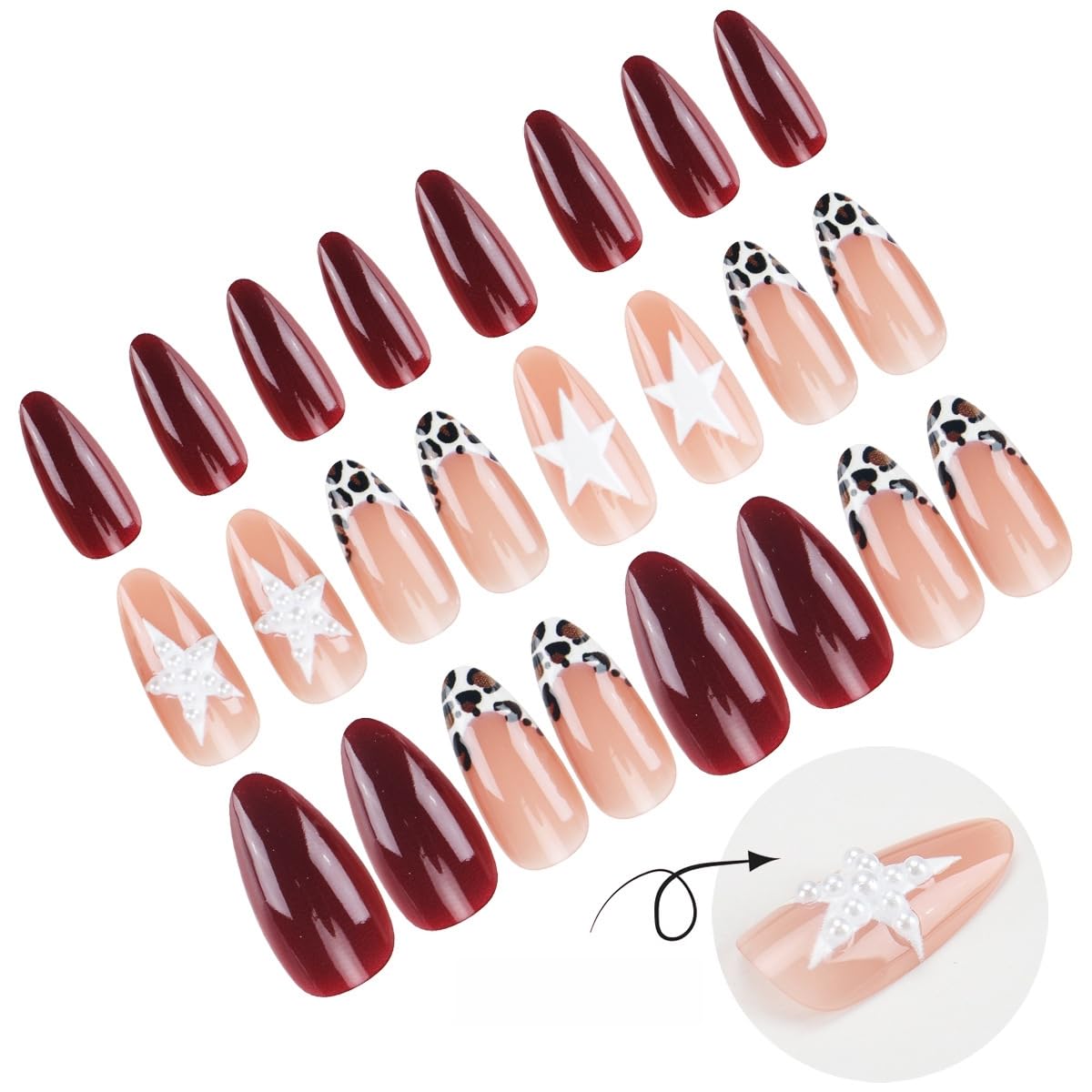 Medium Almond Press on Nails - French Tip Fake Nails with Leopard & 3D Pearl Star Designs False Nails Glossy Glue on Nails Reusable Full Cover Stick on Nails for Women Manicure 24Pcs