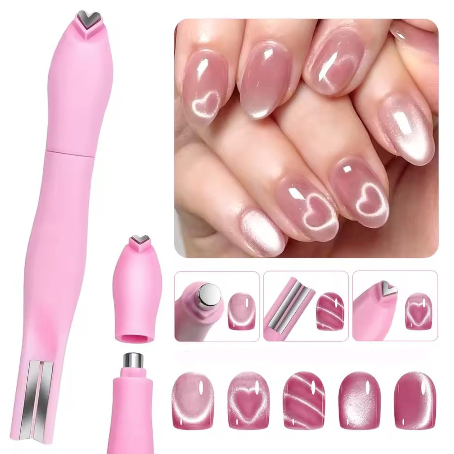 YECIRALA 2 Pcs Nail Art Cat Eye Magnets with Y&O-Shaped And Bunny Molds For Nails, 3 In 1 Versatile And Cylinder Nail Magnet Tools For Cat Eye Gel Polish Magnets, Heart, Lines & Hole Cateye Magnets