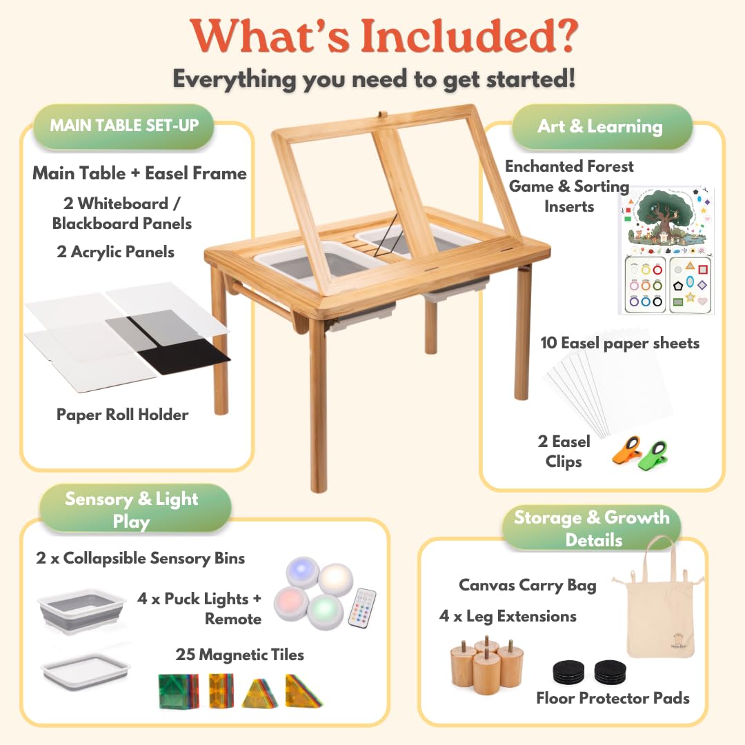 Mama Bear Educational Montessori Sensory Table & Art Easel for Kids & Toddlers | Folding Extendable Legs & Storage Bins, Magnetic Boards & Tiles, Light Box Included | Space-Saving Indoor/Outdoor Play