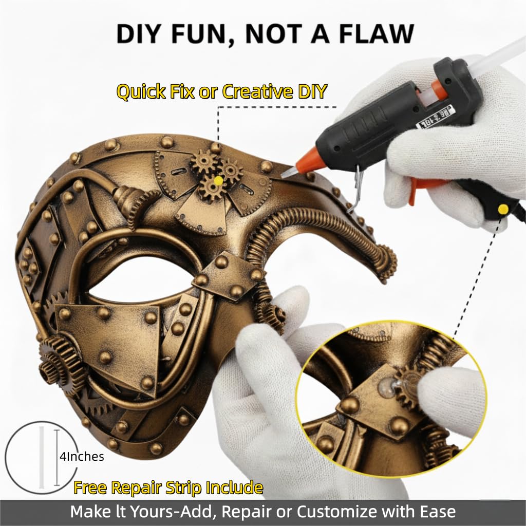 Ubauta Steampunk Cyborg Mask for Halloween: Handcrafted Plastic with Gold Metallic Finish - DIY Repair Strip & Adjustable Fit