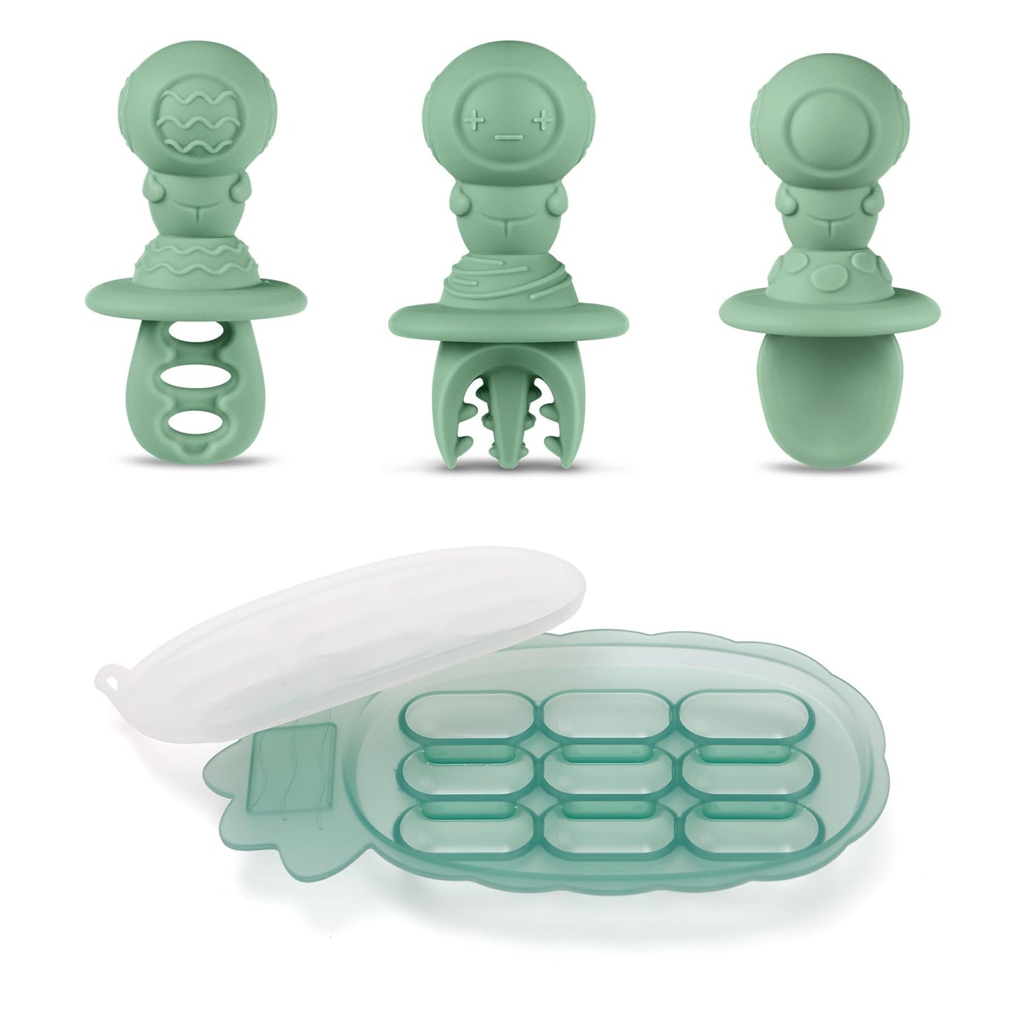 Haakaa Silicone Nibble Freezer Tray &Astronaut Beginner Silicone Cutlery Set -Breastmilk Teething Popsicle Mold - Baby Fruit Food Feeder Teether - Ice Cube Tray-Baby Spoons