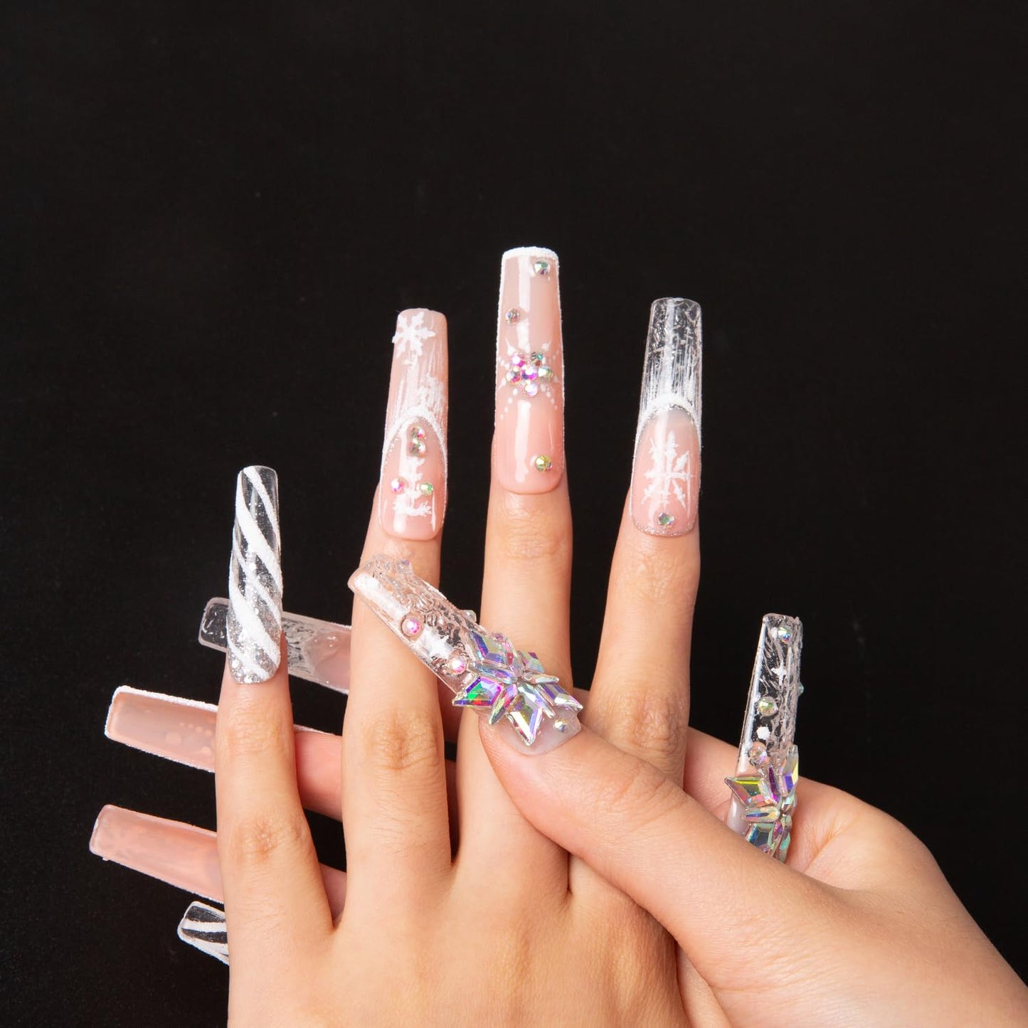 LOVFUL Press on Nails Snowy Moonlight| Handmade with Full Covered Crystals | Reusable Fake Nails | Square Mid Length 1.7 in | H142-M