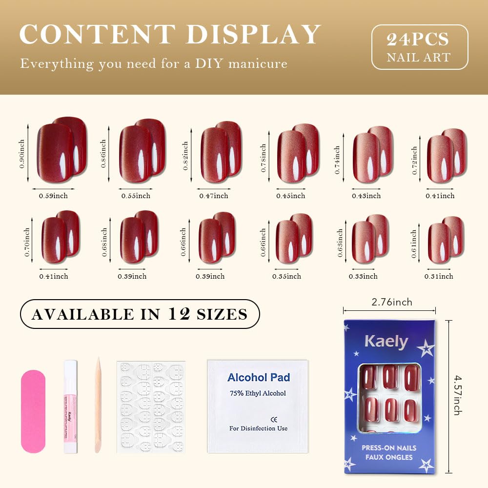 Red Cat Eye Press on Nails Medium Square, Medium Square Press Stick on Nails Chrome for Women Gift, Red Holographic Glitter Glossy Reusable Soft Gel Acrylic Fake Nail with Designs Cateye Effect
