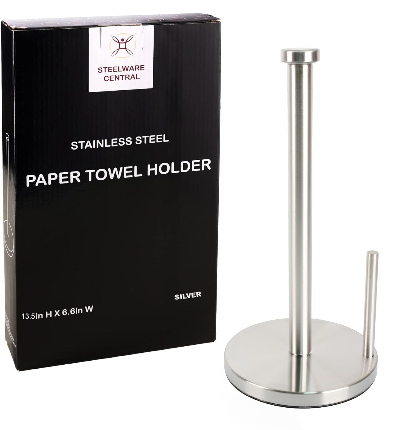 Steelware Central Paper Towel Holder with Side Rod, Stainless Steel, Easy Tear Dispenser for Home Kitchen Countertop Tabletop (Silver)