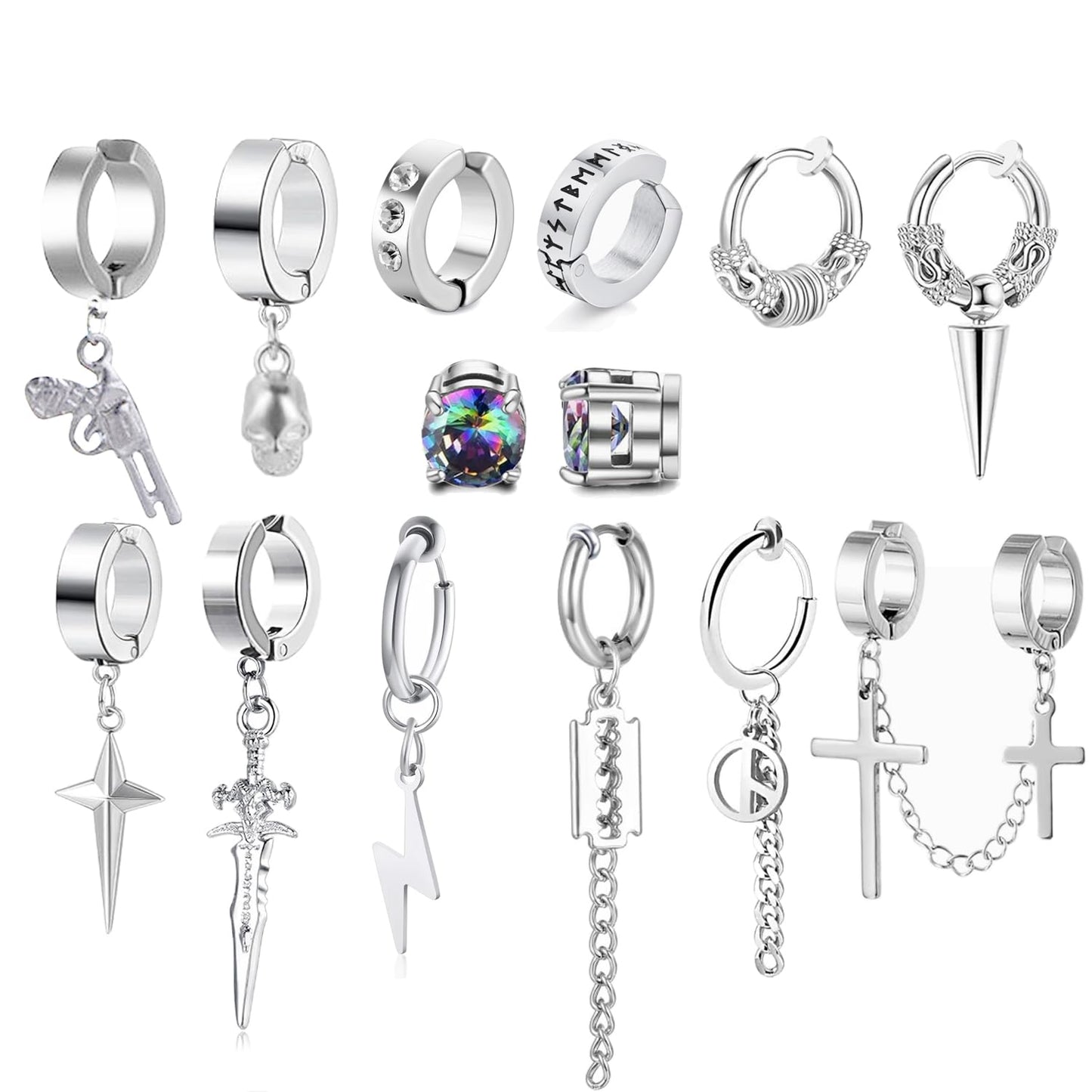 14 Pcs Silver Gothic Viking Non Pierced Cross Sword Spike Awl Peace Dangle Chain Clip on Hoop Earrings Set for Unisex Fake Piercing CZ Earrings