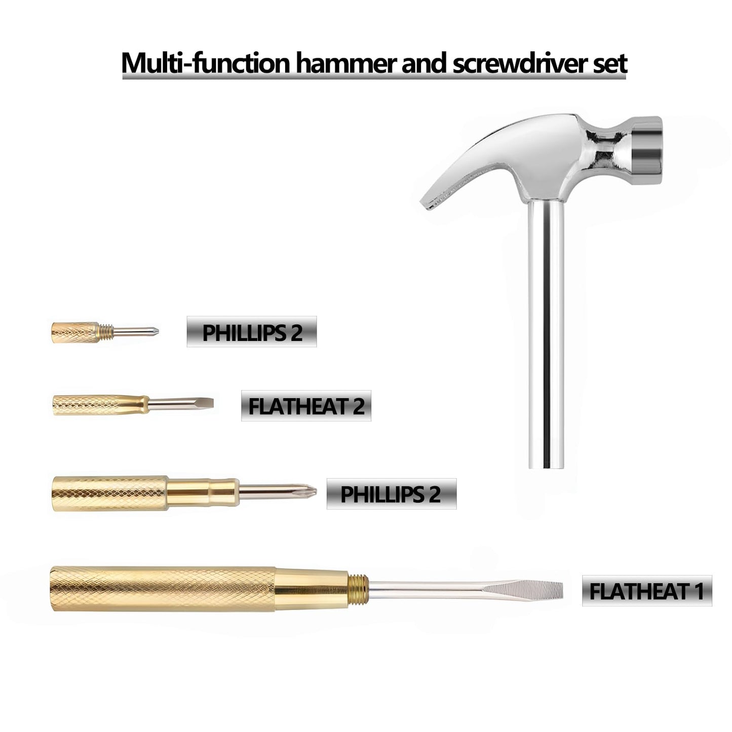 LANDIBO 6-in-1 Multi-Tool Camping Hammer Set with Slotted/Flat Head Phillips Screwdriver for Mechanical Maintenance, Interior Decoration, Outdoor Adventures, Best Gift (Silvery-yellow)