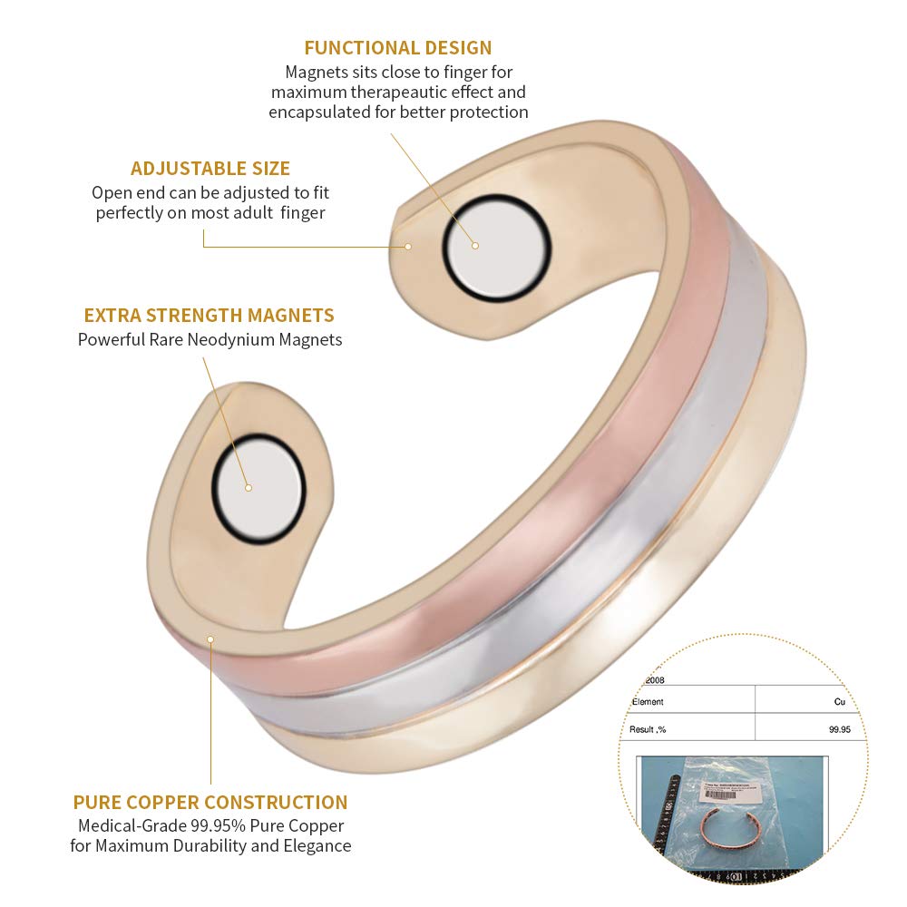 EnerMagiX Copper Rings for Women, 2.3inch Tricolor Gold Pure Copper Applicable 3PCS Suit Ring, with Magnet Mother's Day Gift