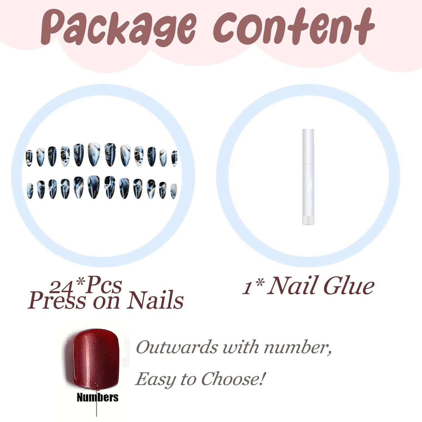 BABALAL Medium Almond Press on Nails - Black Gothic Acrylic Nails with Design, 24Pcs Full Cover Glue on Nails for Women and Girls