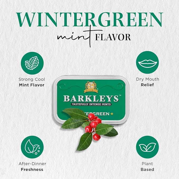 Barkleys Wintergreen Breath Mints - Strong Wintergreen Flavor - For Party, After Dinner, Wedding, Every Day Use - Vegan Breath Mints In Reusable Classic Travel Tins, 6 Pack - 50 Count Each