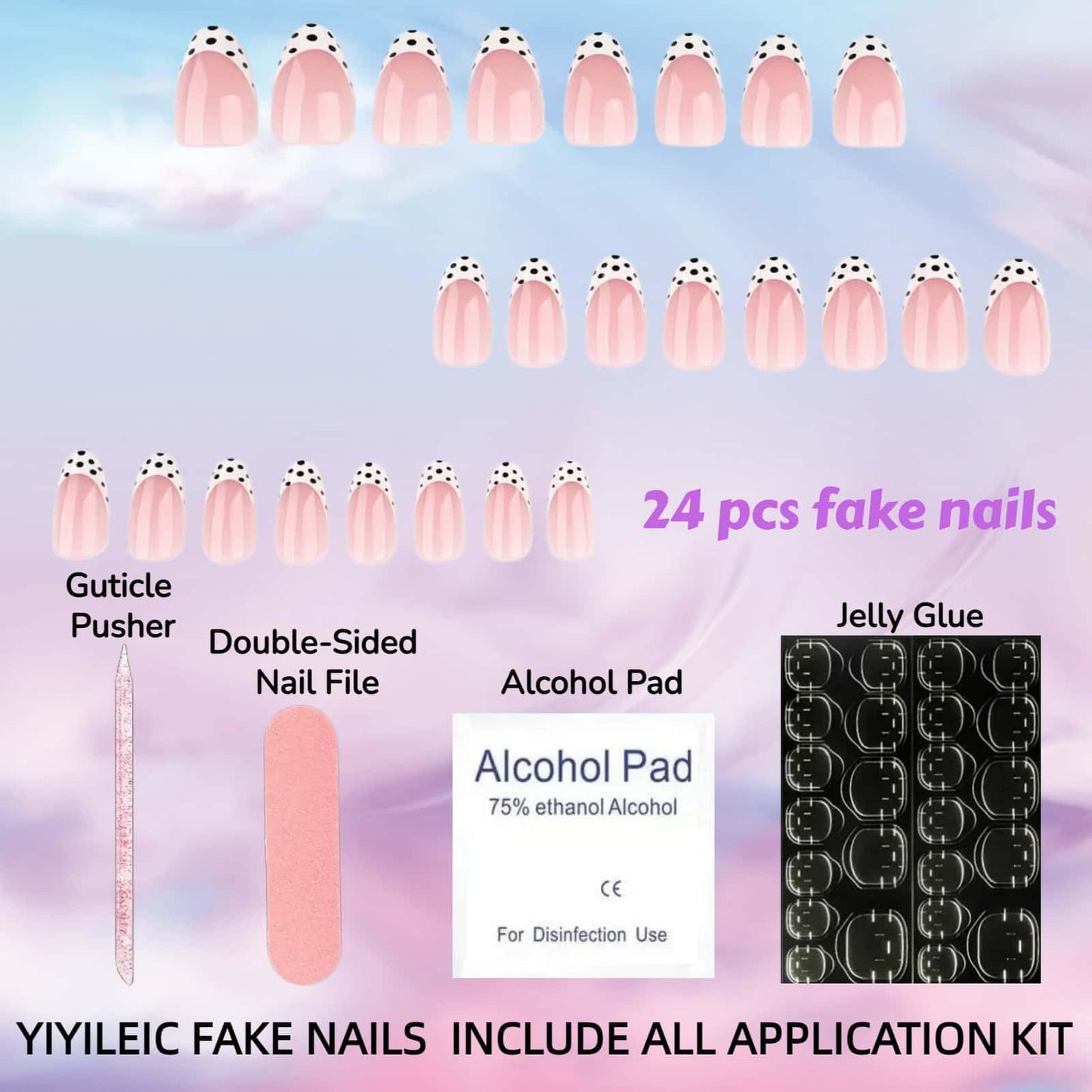 Polka Dot Press On Nails Medium Almond Fake Nails Nude Pink French Tips with Black & White Polka Dot Design Glossy Glue on Nails Reusable Artificial Nail Full Cover Sticker on Nails for Women 24 Pcs