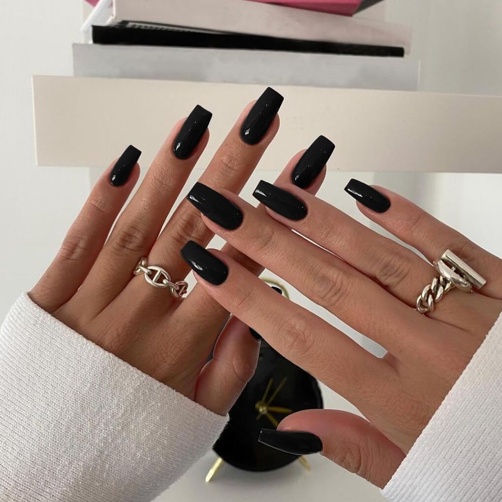 KQueenest All Black Press On Nails Medium Long Square Nails Press Ons Gloss, Solid Color Full Cover Medium Fake Nails For Women, Thick Gel Coffin Acrylic Nails, False Nails For Manicure 24 Pcs