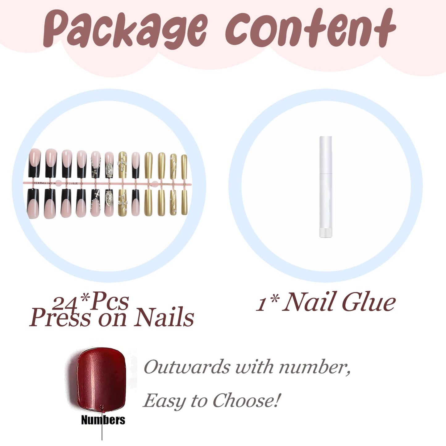 BABALAL Press on False Nails Long Square Fake Nails Black and Gold Chrome Gothic Glue on Cross Charm Luxury 3d Design French Tip Acrylic 24Pcs Y2k Handmade Custom Full Cover Gel Nails