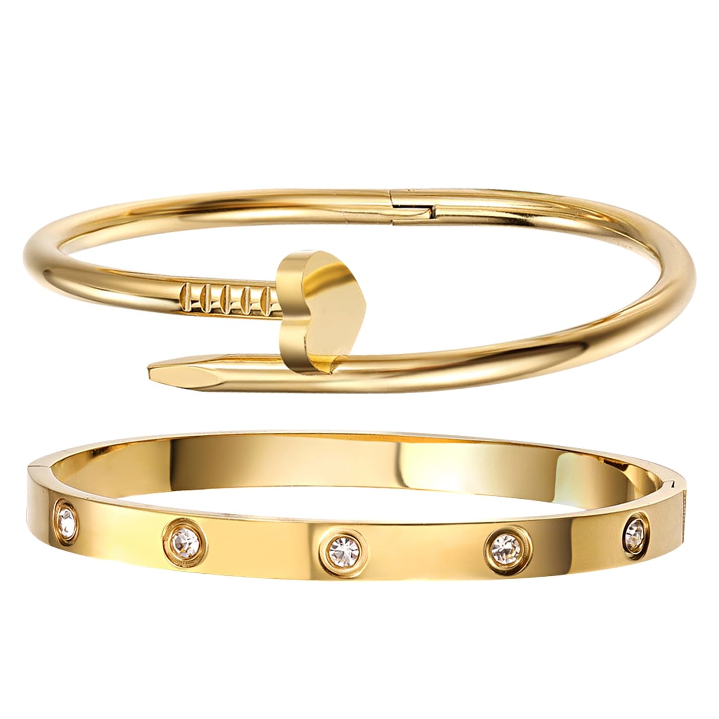 sineed 18K Gold Plated Stainless Steel Love Nail Bangle Clover Bracelet Set Stackable Dupes for Love Trendy Jewelry (Gold)