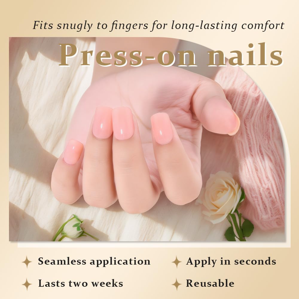 evpct Warm Pink Short Press on Nails Square, Glossy Soft Gel Acrylic Fake Press on Nails Manicure Kit, Reusable Artificial Stick on Nail for Women, Full Cover Easy Application Easy At-Home Salon