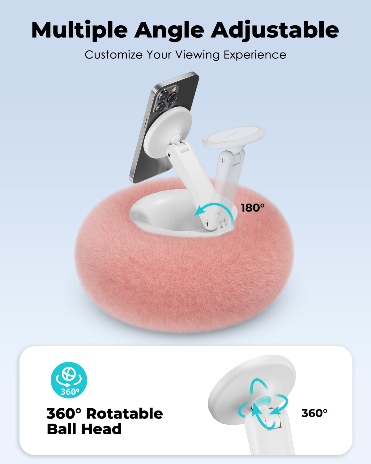 Viozon Phone Holder for Bed, Magnetic Pillow Stand, Compatible with 4-7" Phone/Kindle with Small Storage, Removable Suction Base for Stability, Idea for Kindle Reading and Video Watching On Bed,Pink