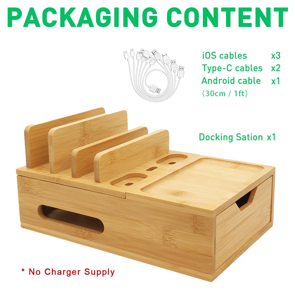 Bamboo Charging Station for Multiple Devices, Desktop Wood Charger Organizer with Drawer & Tray -Included 6 Cables, Compatible with Multi Devices, Cell Phone, Tablet, Earphones (No USB Charger)