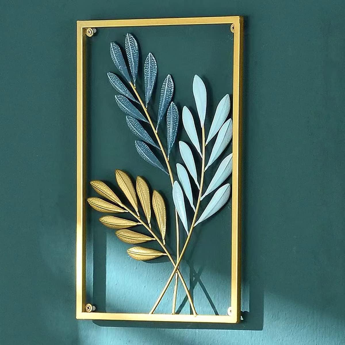 MKUN Iron Wall Sculptures - Large Set of 3 rectanglar Metal Wall Decor with Ginkgo Biloba Art Great for Home Hotel Decoration (Gold Blue)