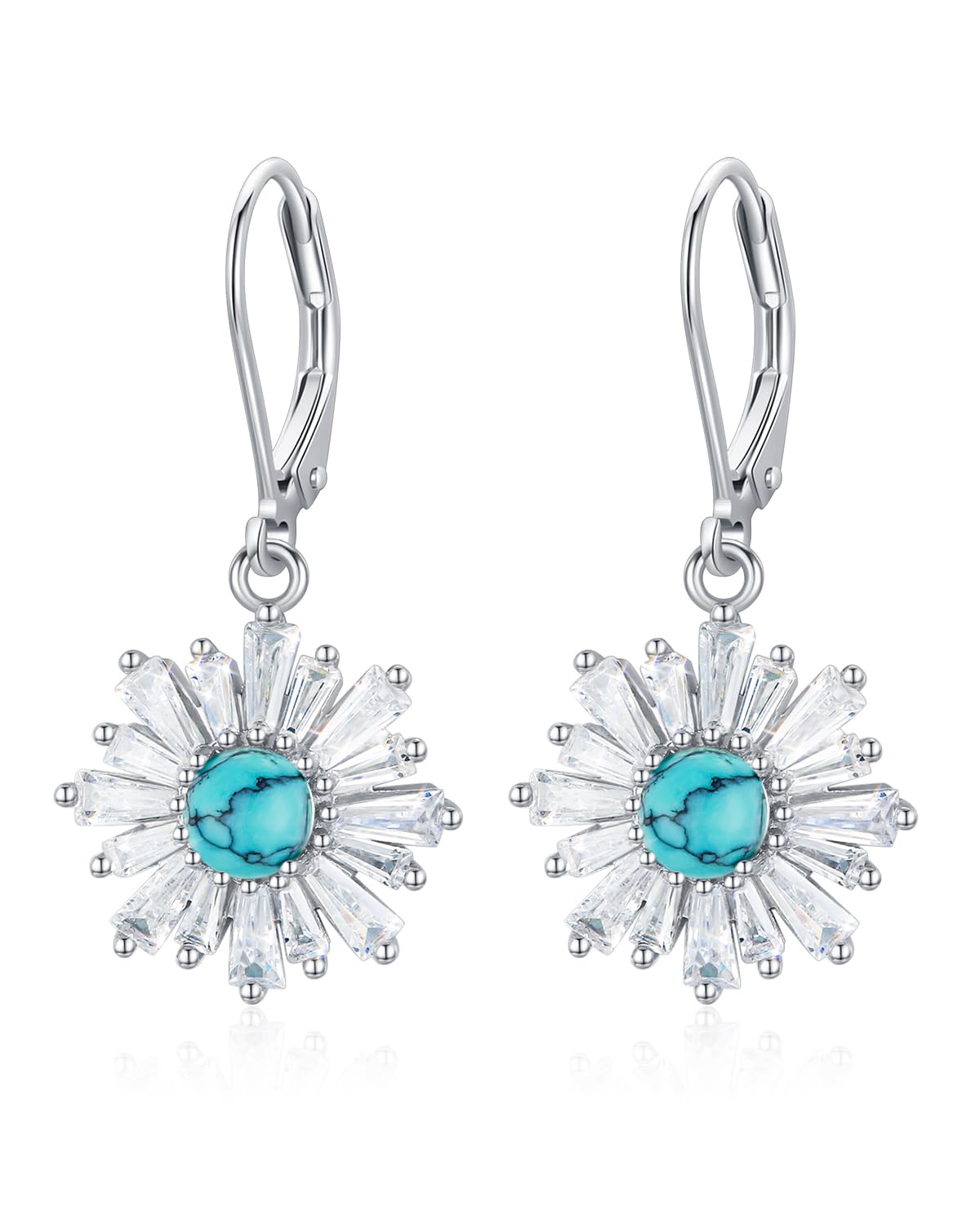BDL Cubic Zirconia Flower Genuine Turquoise Leverback Earrings Sterling Silver Dangle Drop Jewelry for Women
