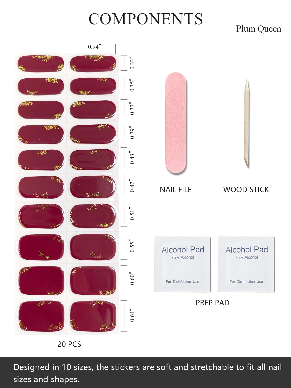 AutyaMee Semi Cured Gel Nail Strips (Plum Queen), Gold Foil, Deep Purple, 20 Pcs Gel Nail Wraps, Stickers, UV Light Required, Salon Quality, Long Lasting