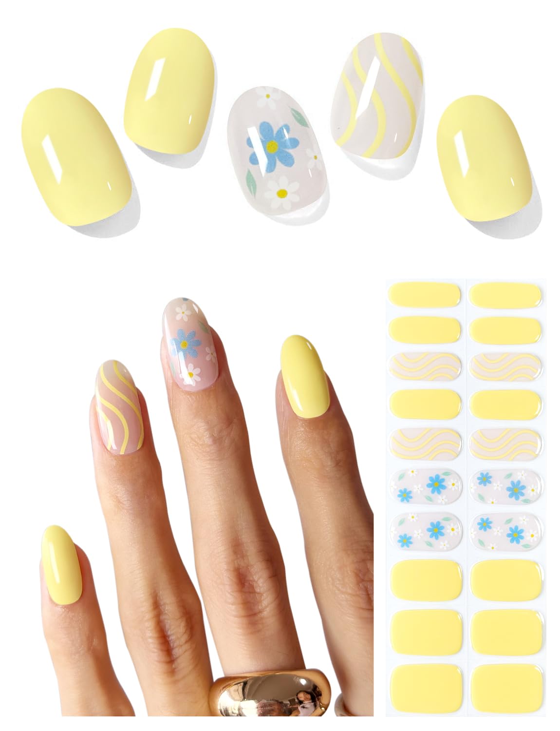AutyaMee Semi Cured Gel Nail Strips (Yellow Flower), 20 Pcs Sping Gel Nail Wraps, Stickers, Salon Quality, Works with Any UV Lamps