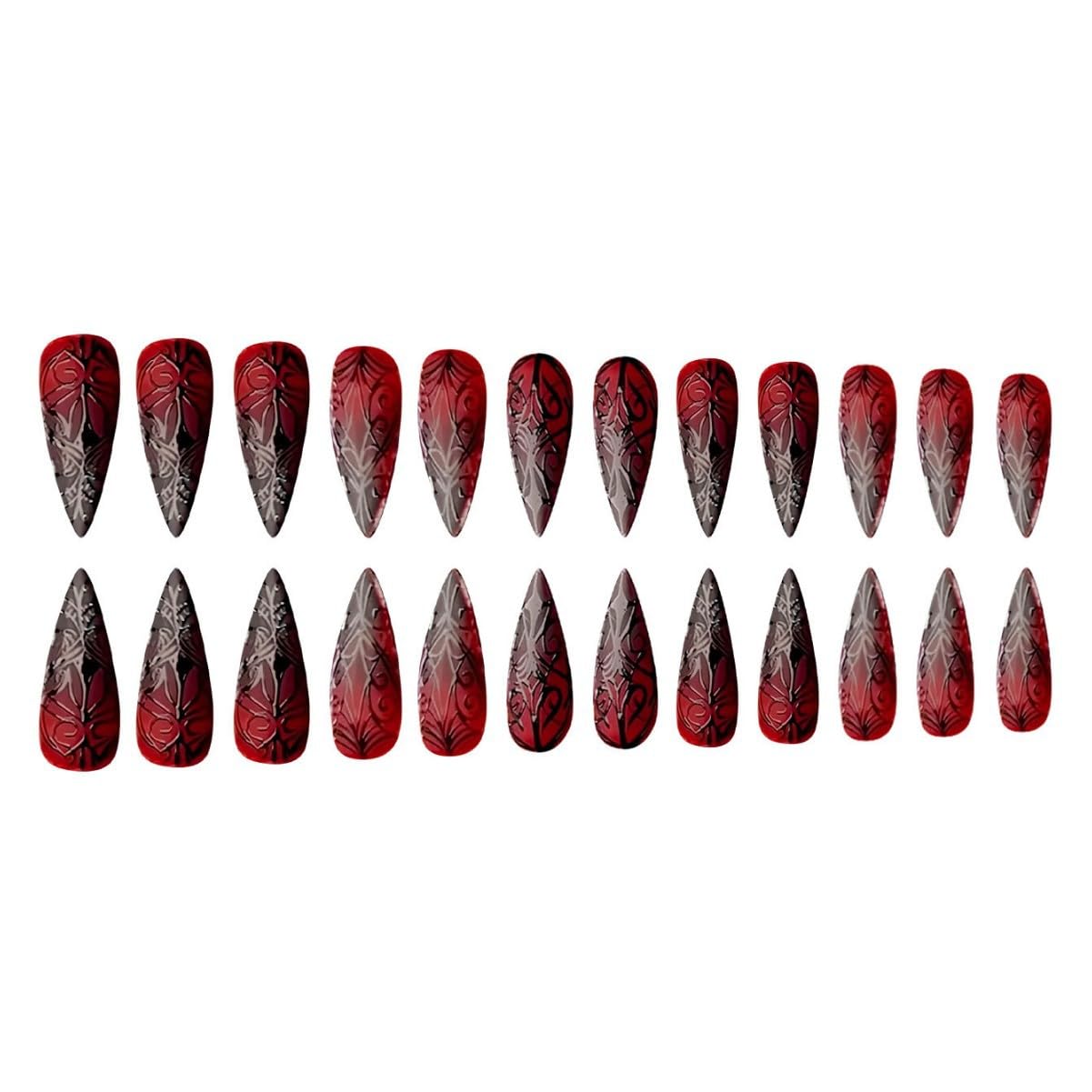 Halloween Goth Press on Nails Medium Stiletto Almond Fake Nails with 3D Stripe Designs Red Halloween Acrylic False Nails Full Cover Reusable Stick on Nails for Women Girls 24Pcs