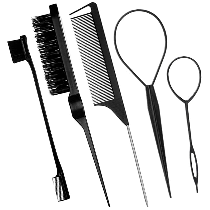 5Pcs Slick Back Brush Set with Topsy Tail Tool, Teasing Bristle, Rat Comb for Women & Girls Hair Styling, Flyaways Control and Edge Combing - BIACK