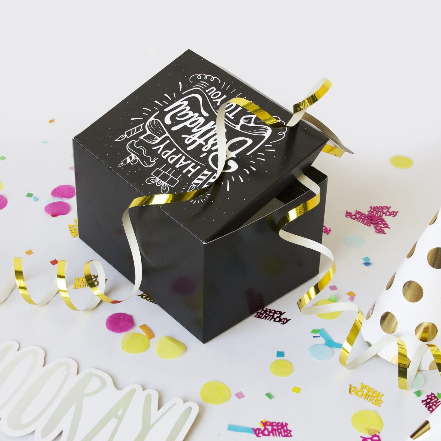 FETTIPOP Gift Box Surprise Exploding Confetti Kit (Black Premium) Happy Birthday, Prank Pop Up 7.2x5.5x4.3 in.