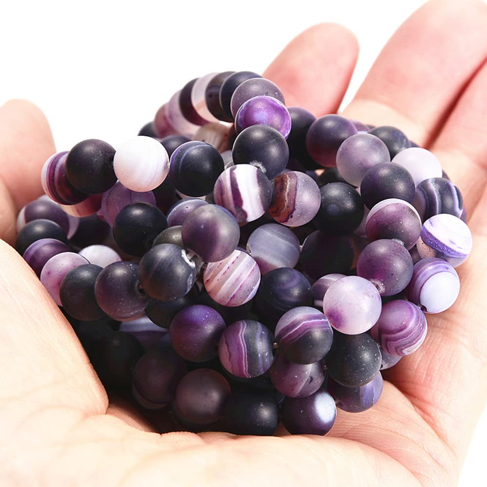 jodaying 10mm Purple Stripe Agate Matte Round Natural Gematone Loose Beads for Jewelry Making DIY 1 Strand 15"