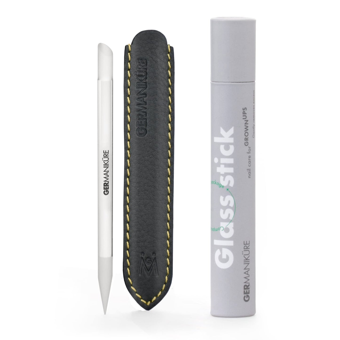 GERMANIKURE Clear Glass Cuticle Stick in Leather Sleeve - Ethically Made in Czech Republic - Cuticle Pusher & Remover, Callous & Dry Skin Fingertip File, Nail Shaper