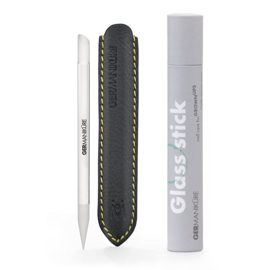 GERMANIKURE Clear Glass Cuticle Stick in Leather Sleeve - Ethically Made in Czech Republic - Cuticle Pusher & Remover, Callous & Dry Skin Fingertip File, Nail Shaper